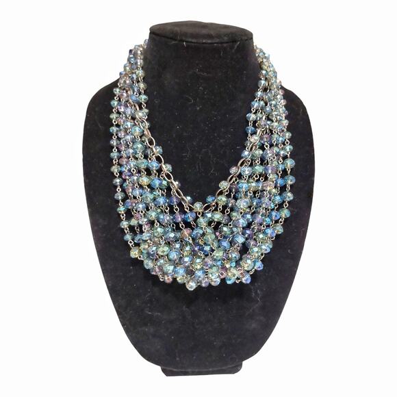 Iridescent Crystal Glass Bead Necklace Blue Green Tarnished Silver Metal Retro - Picture 1 of 10